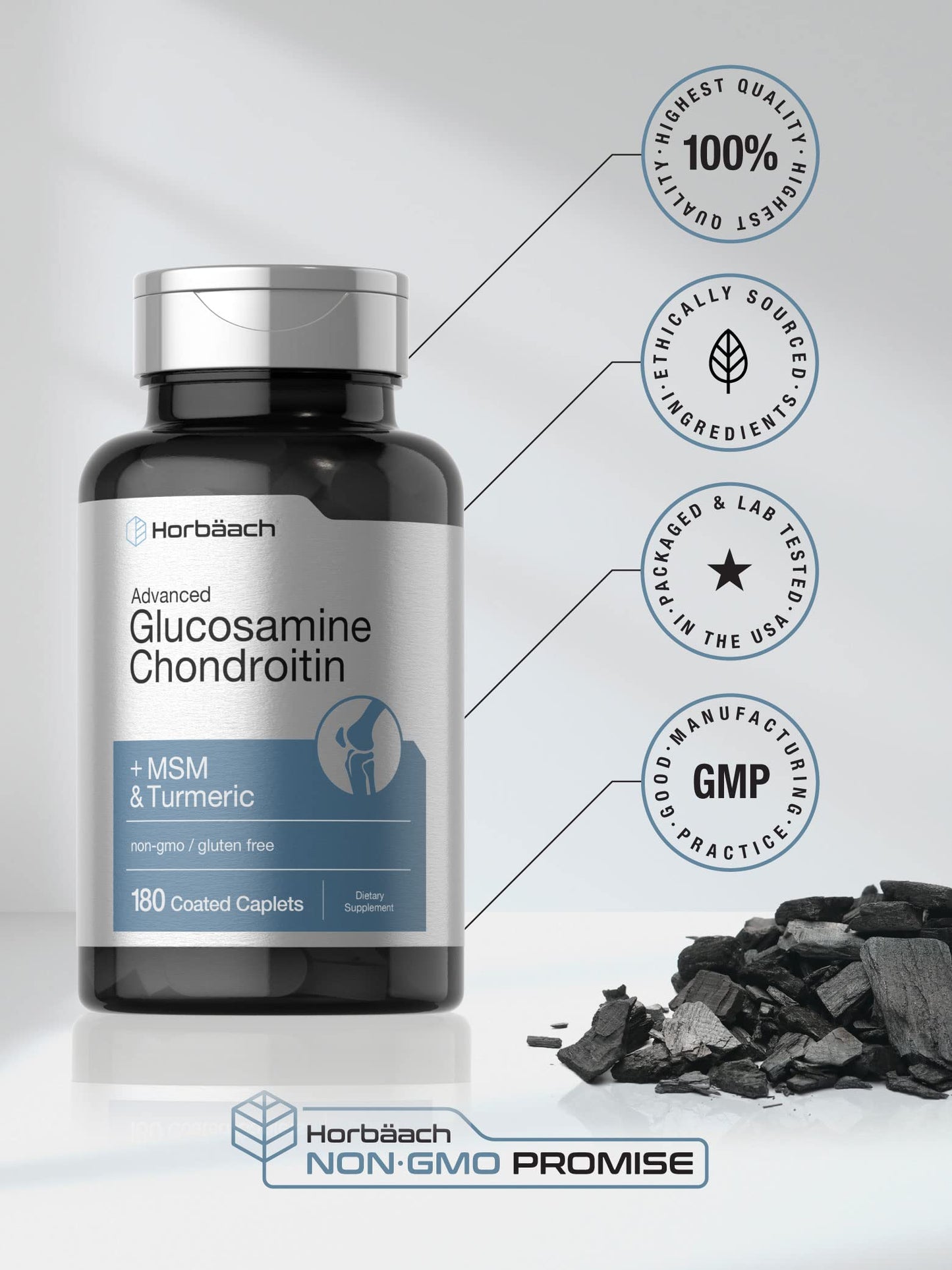 Horbäach Glucosamine Chondroitin + MSM & Turmeric | 180 Coated Caplets | Non-GMO Gluten Free