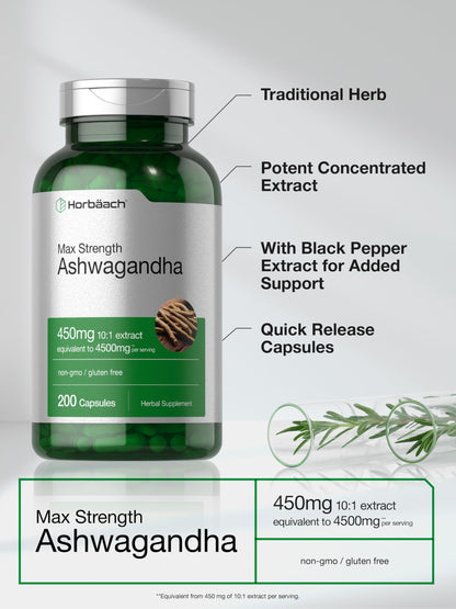 Horbäach Ashwagandha Supplement | Max Strength 200 Capsules | Non-GMO, Gluten Free | For Women and Men