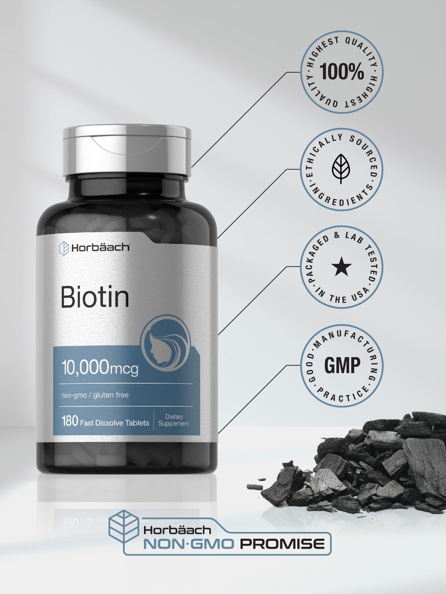 Horbäach Biotin 10000mcg | 180 Fast Dissolve Tablets | for Women & Men | Beauty Supplement | Vegetarian, Non-GMO, Gluten Free