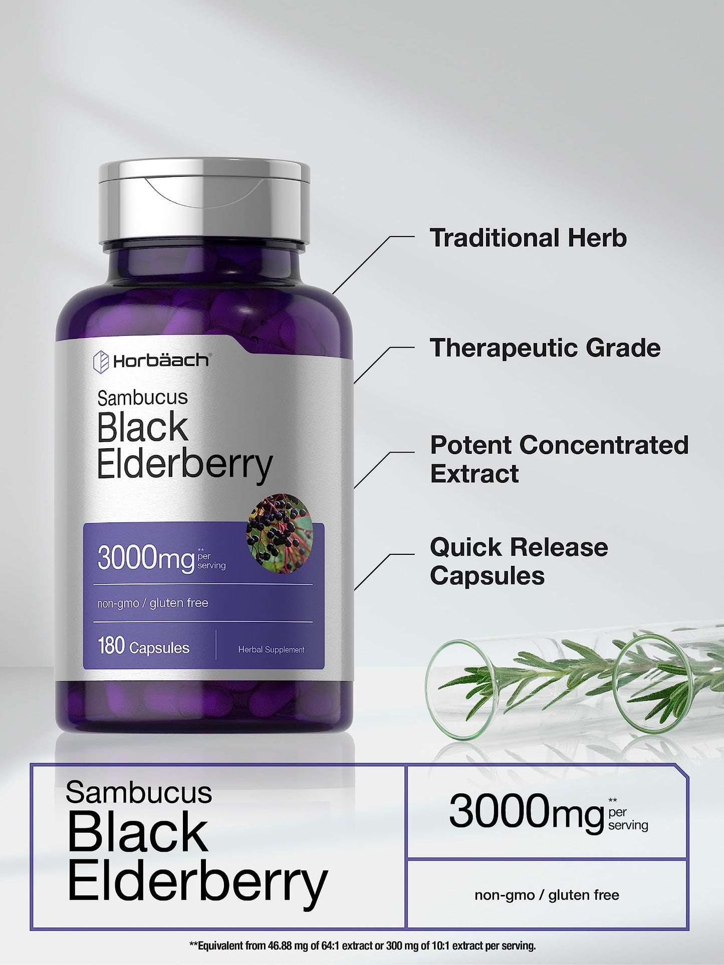 Horbäach Black Elderberry 3000mg Capsules - 180 Count | Non-GMO, Gluten Free Sambucus Extract Supplement