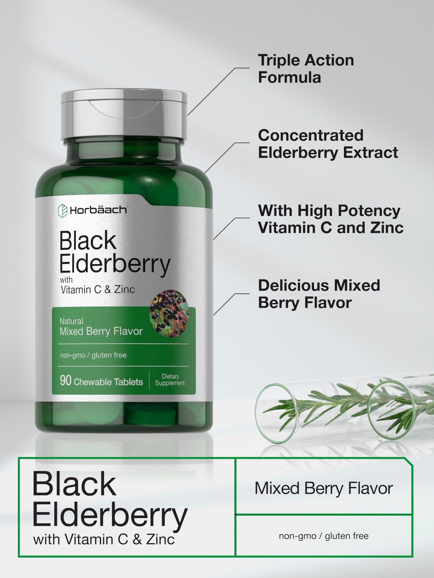 Horbaach Black Elderberry with Vitamin C and Zinc | 90 Chewable Tablets | Mixed Berry Flavor | Immune Support