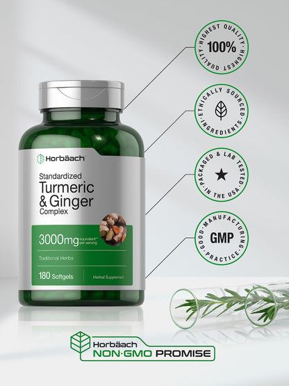Horbäach Turmeric & Ginger Supplement 3000 mg | 180 Softgels | Black Pepper Extract | Non-GMO, Gluten Free