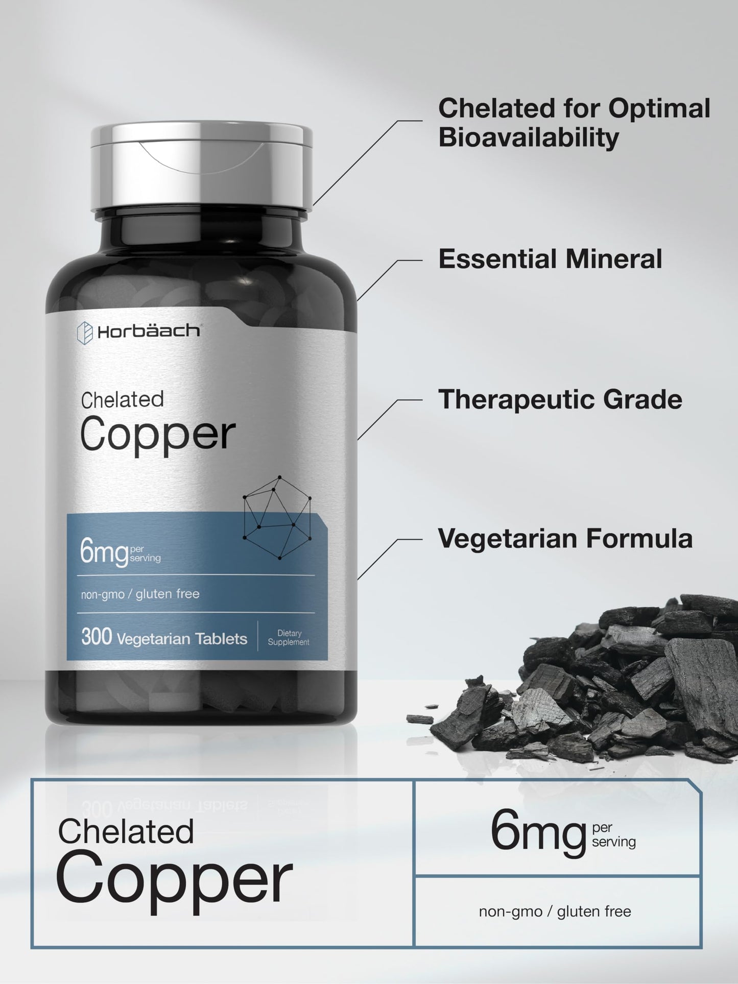 Horbäach Chelated Copper 6mg – 300 Tablets | Essential Trace Mineral | Vegetarian, Non-GMO, Gluten Free