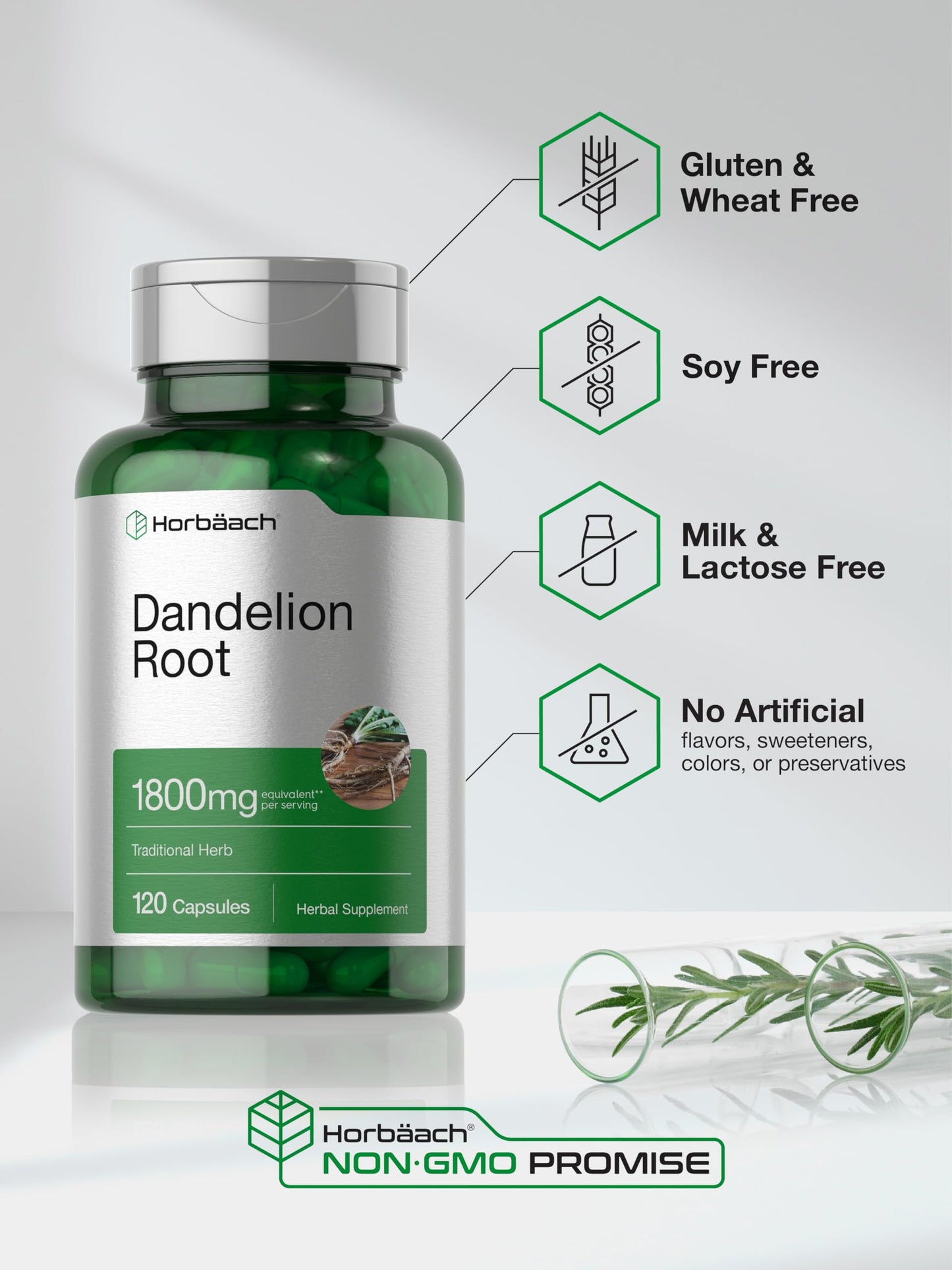 Horbäach Dandelion Root 1800mg - 120 Capsules | Non-GMO, Gluten Free