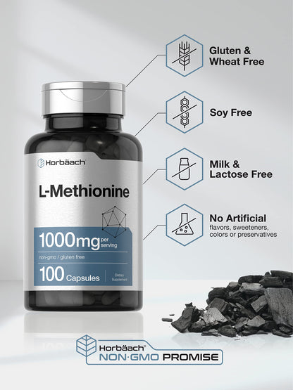 Horbäach L-Methionine 1000mg – 100 Capsules – Non-GMO, Gluten Free | Free Form Supplement