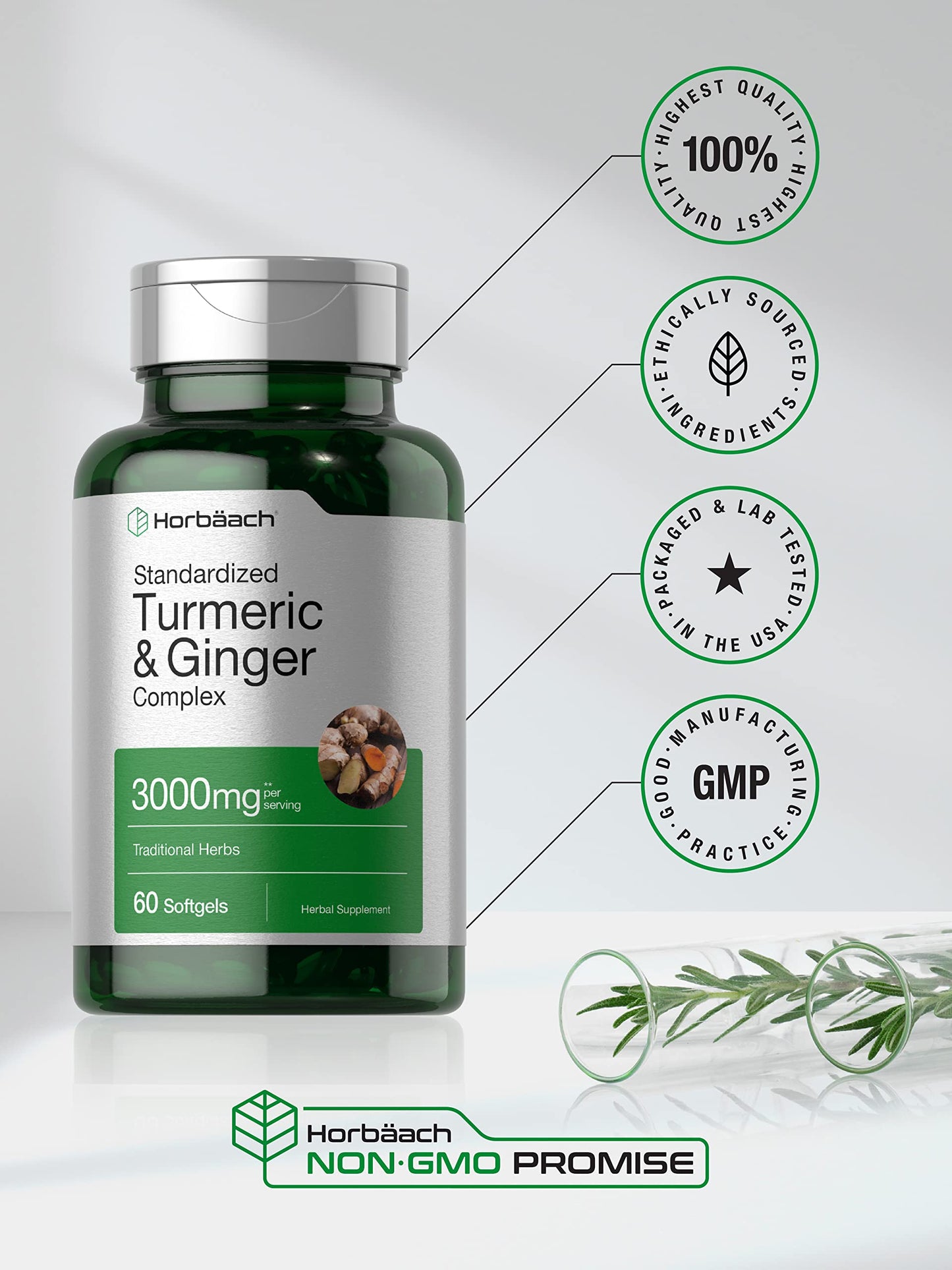 Horbäach Turmeric & Ginger Supplement 3000 mg | 60 Softgels | Black Pepper for Absorption | Non-GMO, Gluten Free