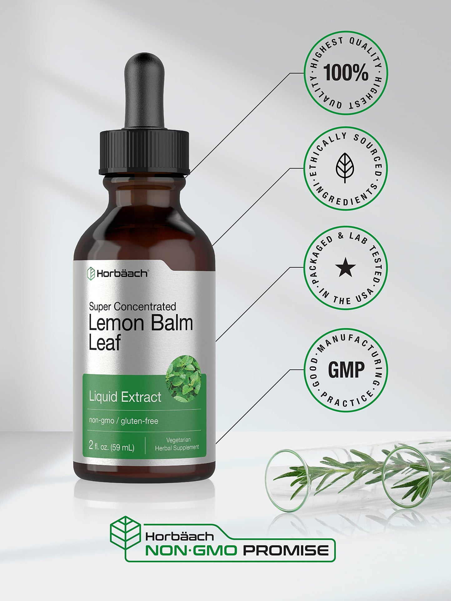 Horbäach Lemon Balm Tincture - 2 fl oz | Vegetarian Liquid Extract | Gluten Free & Non-GMO