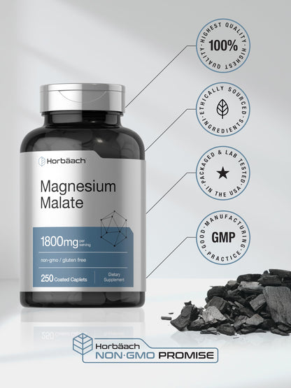 Horbäach Magnesium Malate 1800mg - 250 Coated Caplets | Vegetarian, Gluten Free, Non-GMO