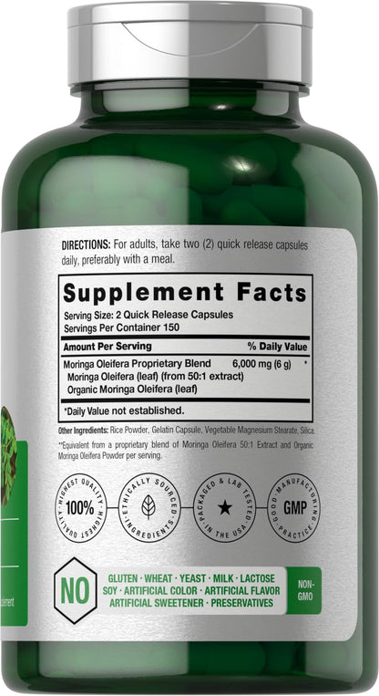 Horbäach Moringa Oleifera | 6000mg | 300 Powder Capsules | Non-GMO and Gluten Free Extract Formula | Complete Green Superfood