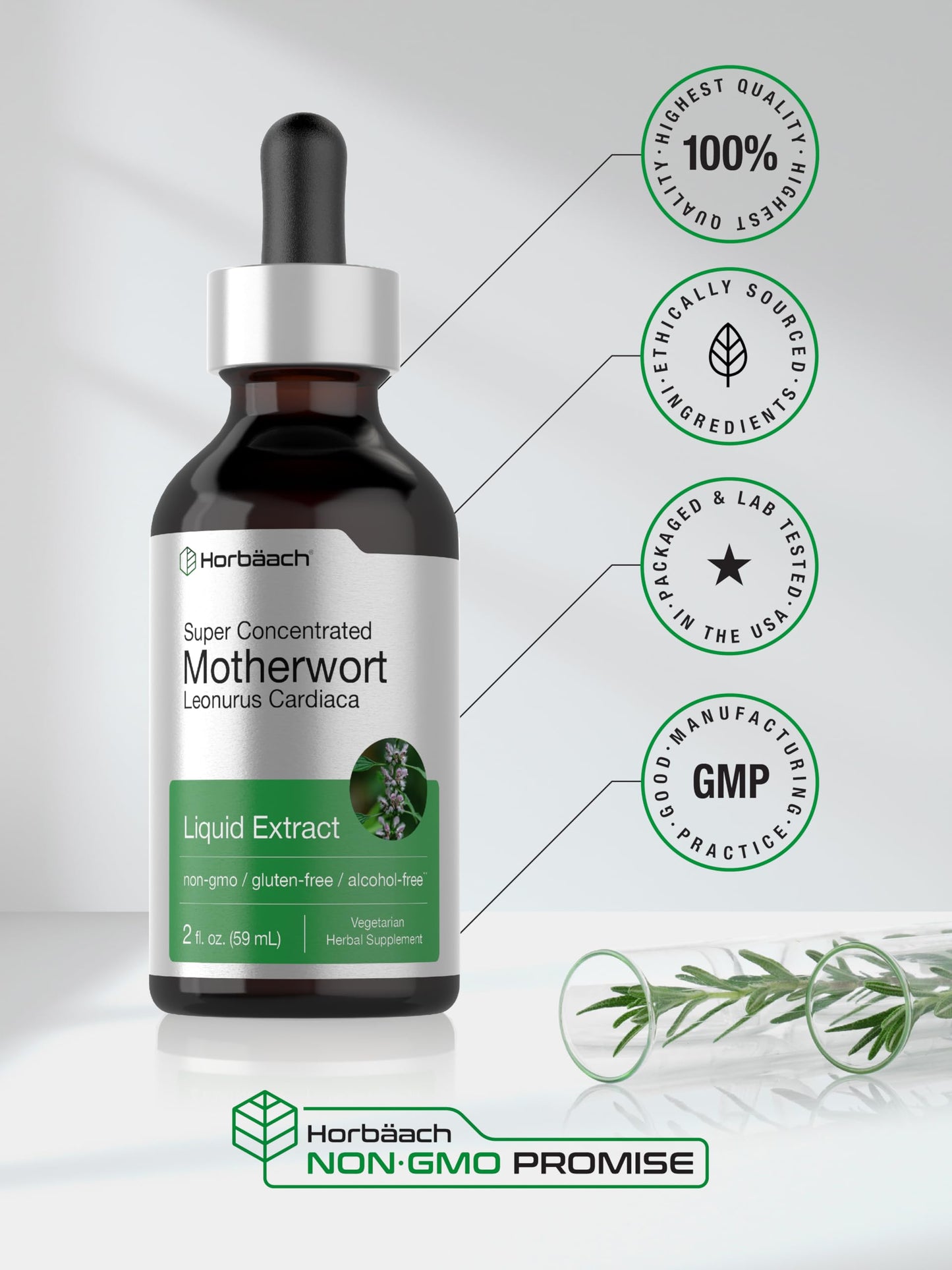 Horbaach Motherwort Tincture Herbal Extract - 2 fl oz - Alcohol Free - Non-GMO & Gluten Free