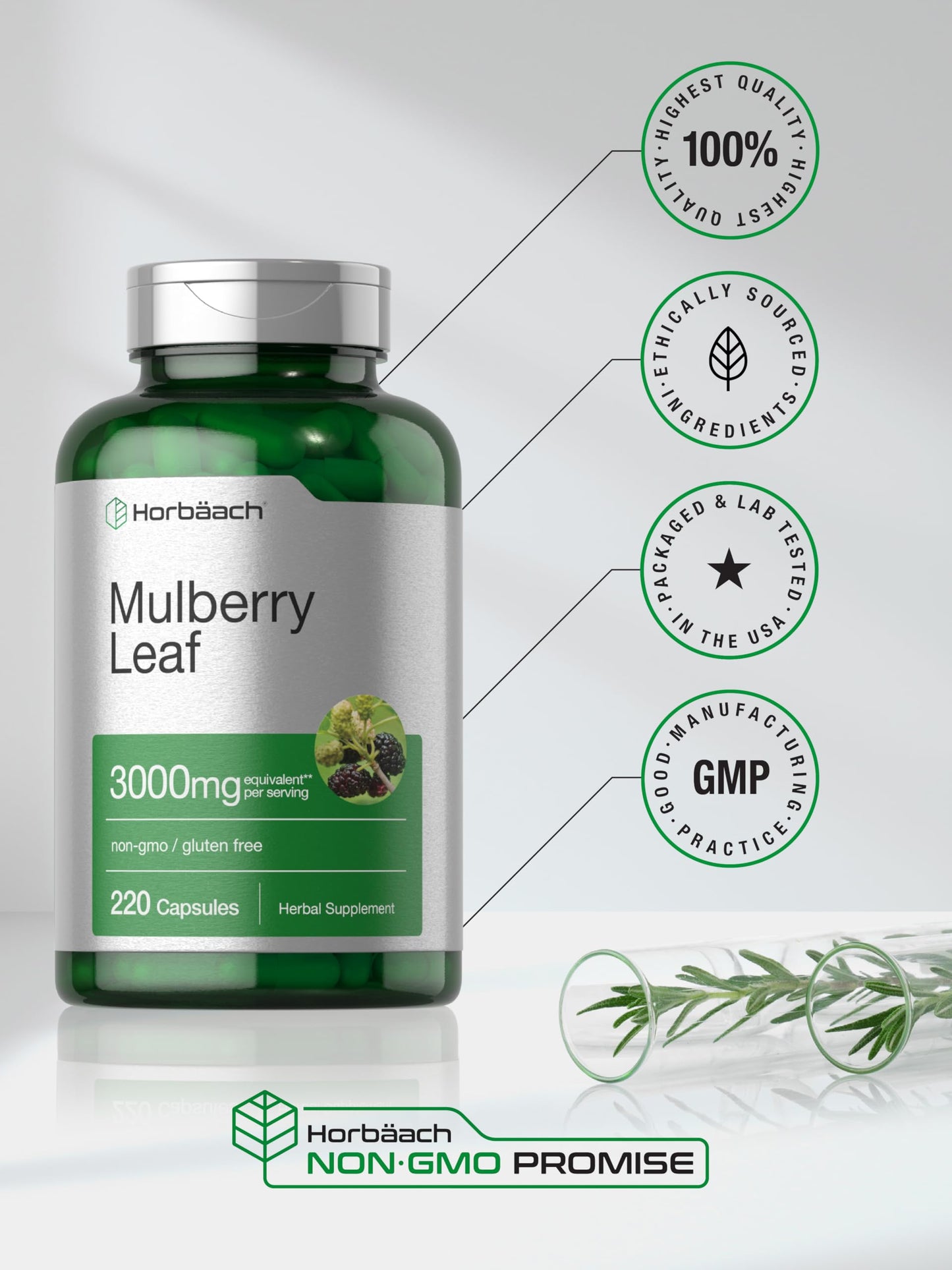 Horbäach Mulberry Leaf Extract Capsules 3000mg - 220 Count | Non-GMO, Gluten Free