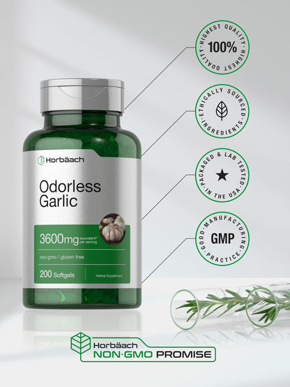 Horbäach Odorless Garlic Softgels 3600 mg - 200 Count - Ultra Potent Garlic Extract - Non-GMO & Gluten Free