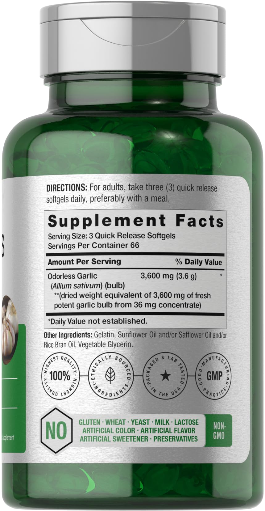 Horbäach Odorless Garlic Softgels 3600 mg - 200 Count - Ultra Potent Garlic Extract - Non-GMO & Gluten Free