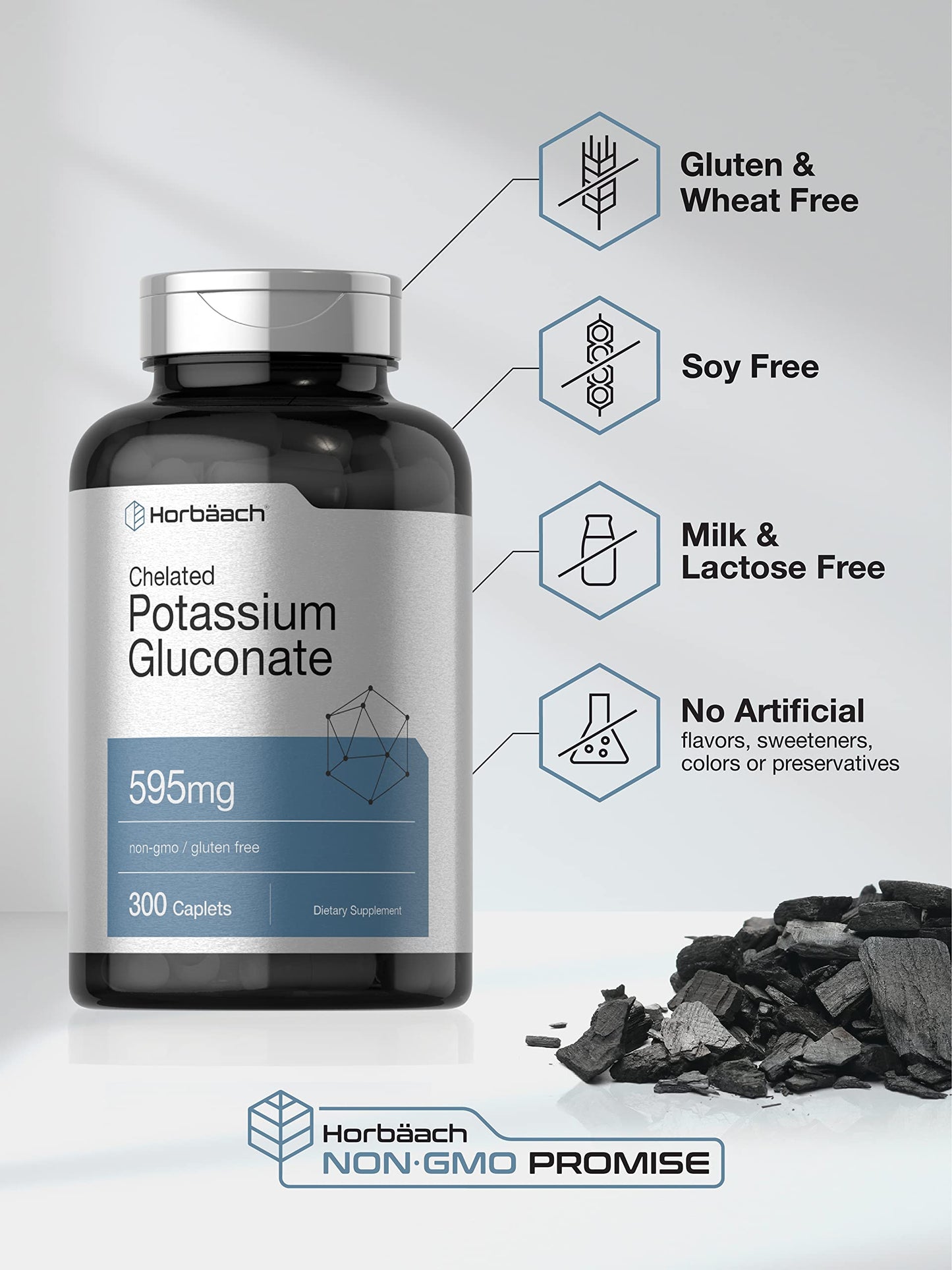Horbäach Chelated Potassium Gluconate Supplement | 595 mg | 300 Caplets | Vegetarian, Non-GMO, Gluten Free