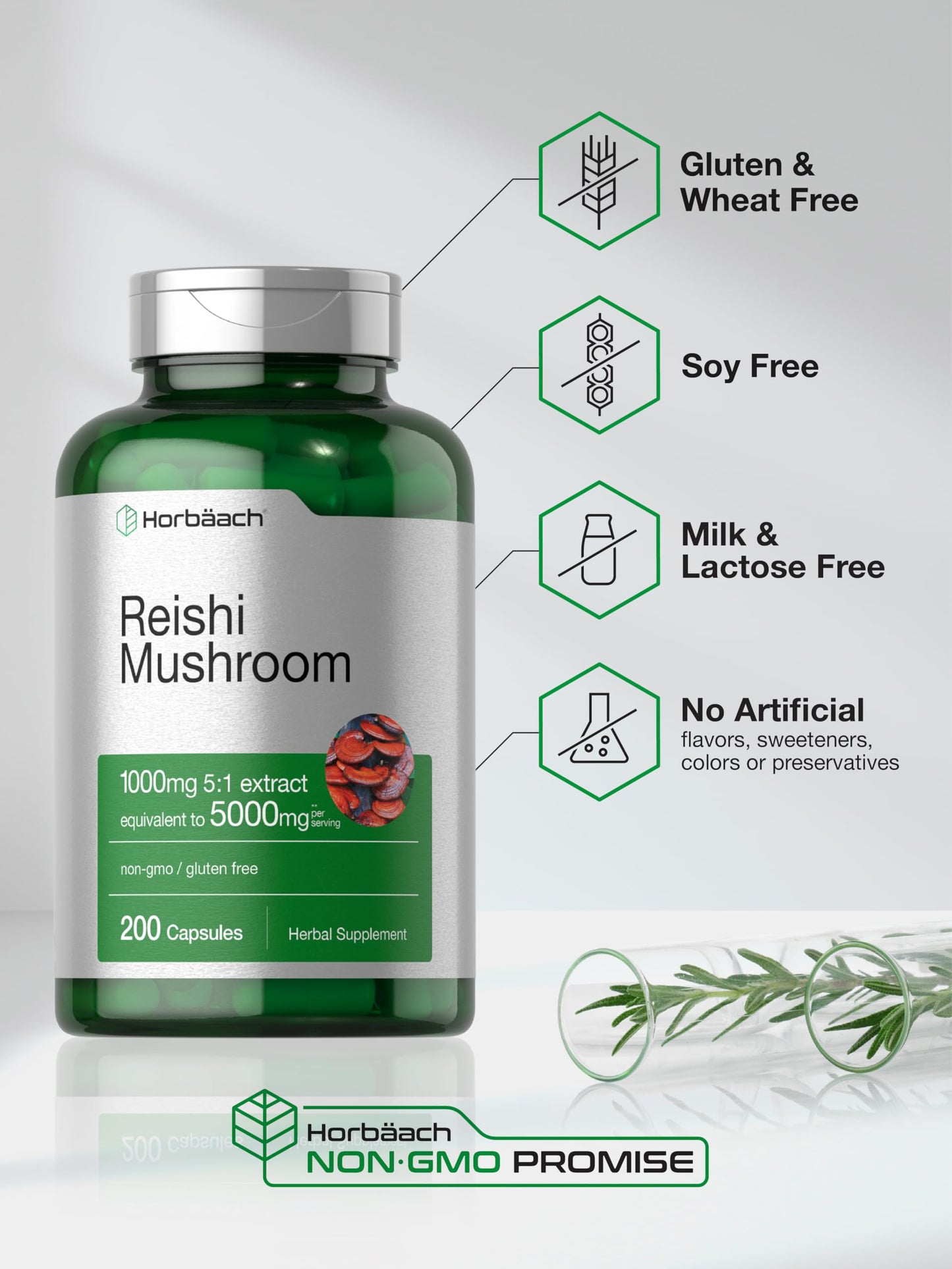 Horbäach Reishi Mushroom Capsules | 200 Count | Non-GMO and Gluten Free Extract Supplement