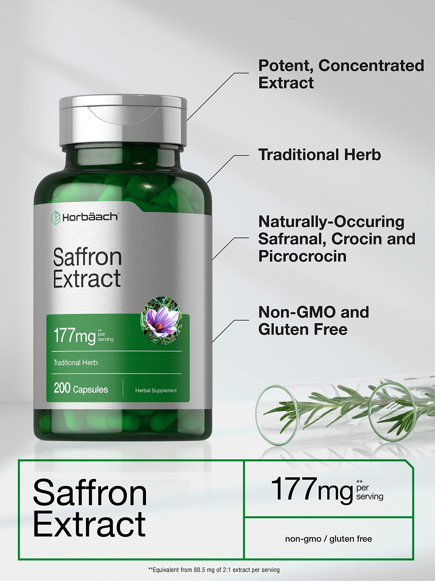 Horbäach Saffron Extract Supplement – 177 mg, 200 Capsules – Non-GMO, Gluten Free
