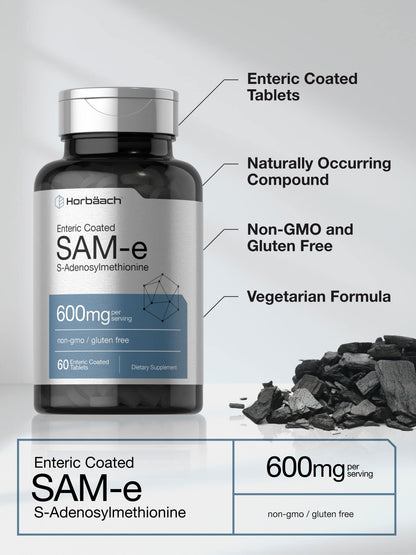 Horbäach SAM-e Supplement 600mg | 60 Vegetarian Tablets | Non-GMO & Gluten Free | S-Adenosyl Methionine