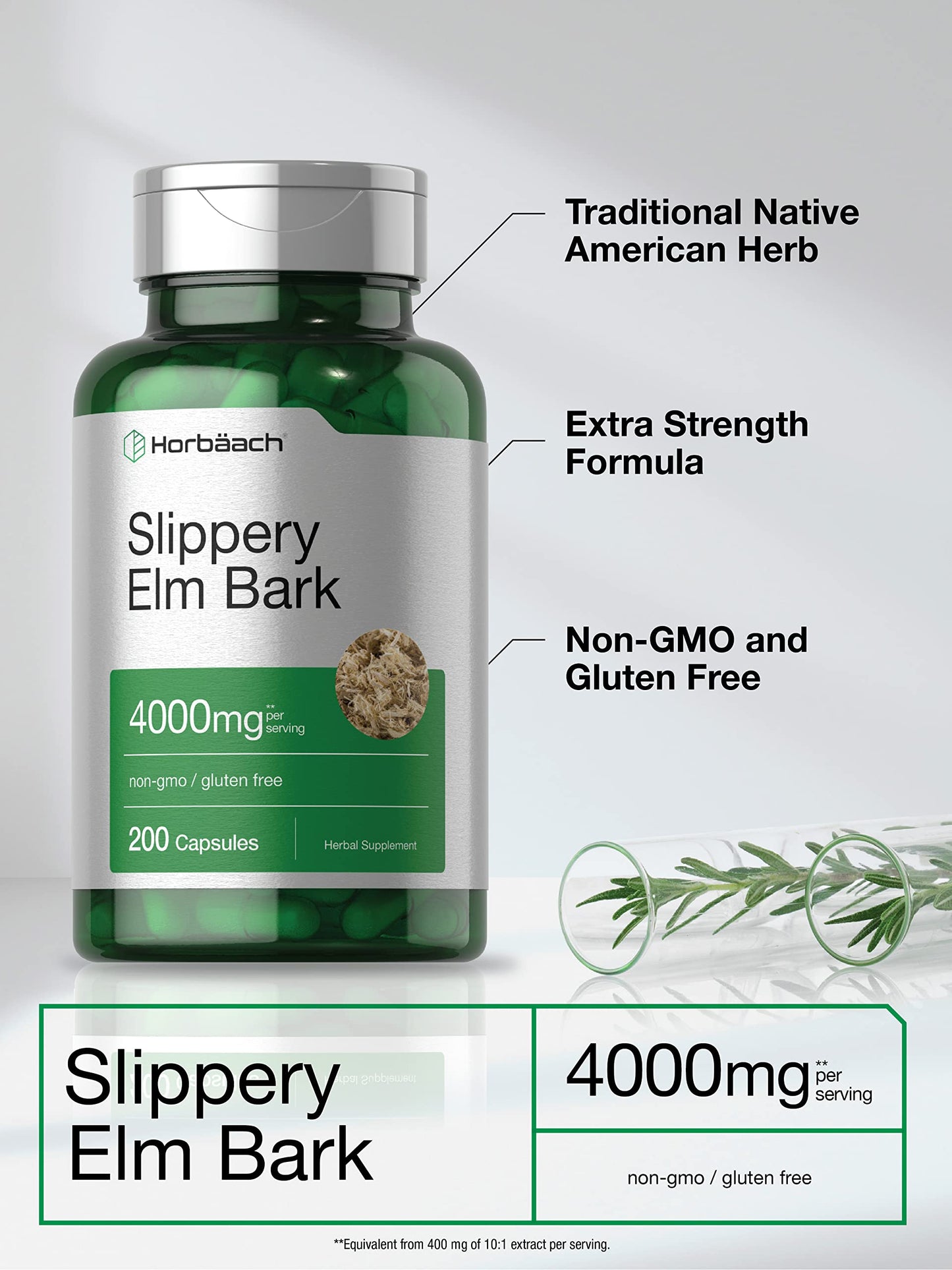 Horbäach Slippery Elm Bark Capsules | 200 Count | Non-GMO & Gluten Free