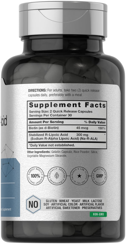Horbäach Stabilized R-Lipoic Acid 300mg | 60 Capsules | with Biotin Optimizer | Non-GMO, Gluten Free | Na-RALA Supplement
