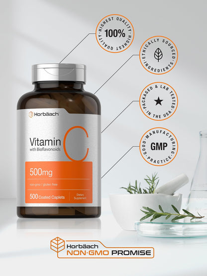 Horbaach Vitamin C 500mg - 500 Caplets with Bioflavonoids & Rose Hips | Vegetarian, Non-GMO, Gluten Free