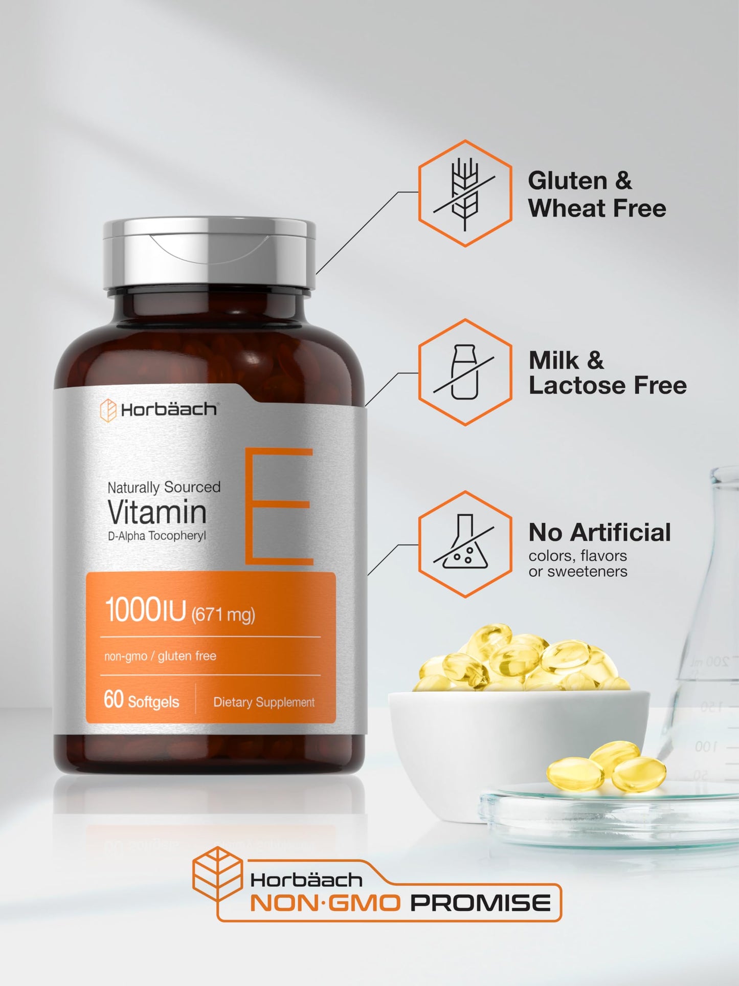 Horbäach Vitamin E 1000 IU Softgels – 60 Count | Non-GMO, Gluten-Free, D-Alpha Tocopherol
