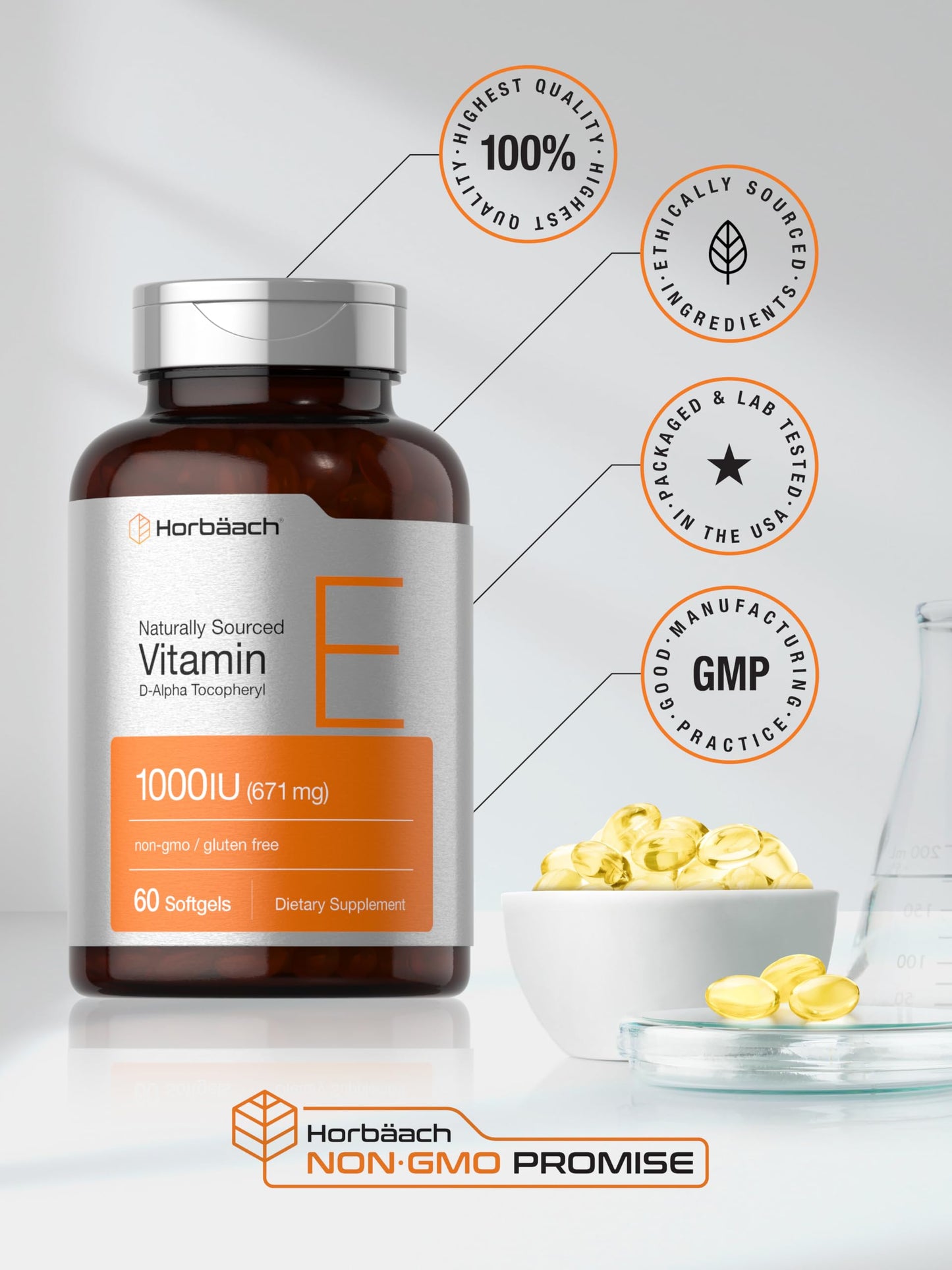 Horbäach Vitamin E 1000 IU Softgels – 60 Count | Non-GMO, Gluten-Free, D-Alpha Tocopherol