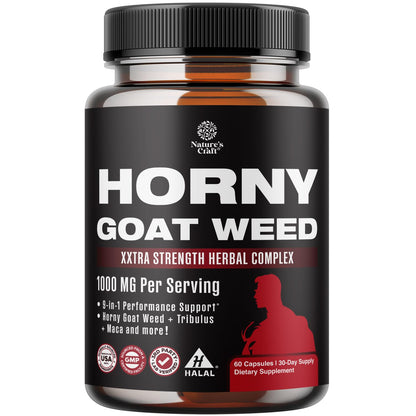Horny Goat Weed for Men - Extra Strength 1000mg Formula with Black Maca, Tongkat Ali, Saw Palmetto & Panax Ginseng Extract | 60 Capsules