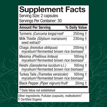 Host Defense MycoBotanicals Liver* Capsules - Liver Health Supplement with Milk Thistle & Turmeric Root - Mushroom Supplement with Turkey Tail, Reishi & Chaga - 60 Capsules (30 Servings)*