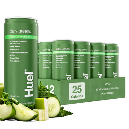 Huel Daily Greens Ready-to-Drink – Apple Cucumber Mint, 12 Fl Oz, 12 Pack | 149 Vitamins & Probiotics