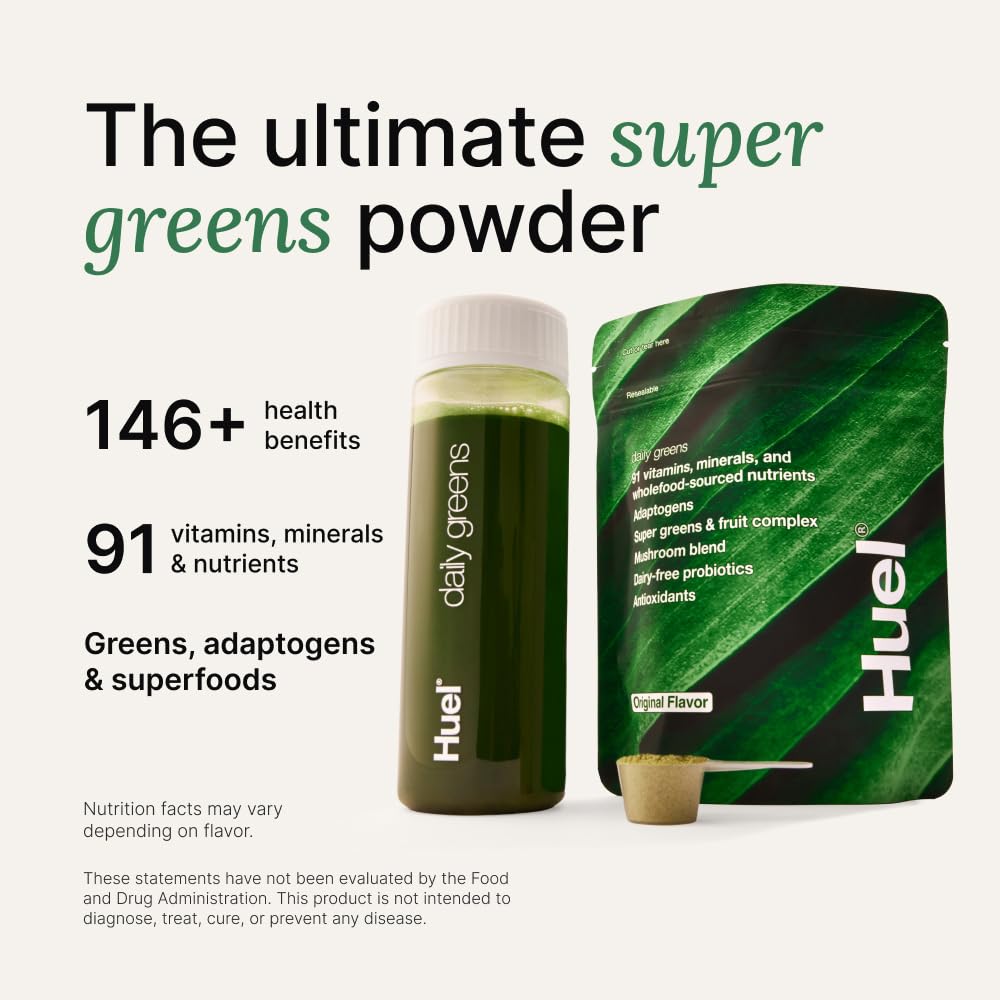 Huel Daily Greens | Superfood Greens Powder with 91 Vitamins & Minerals, Probiotics, Adaptogens | 30 Servings