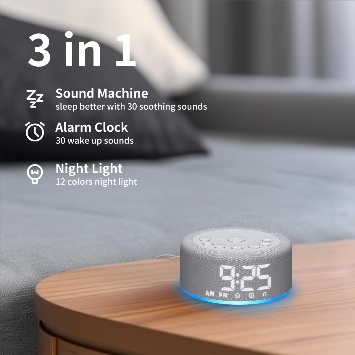 Hushing 3-in-1 White Noise Machine — 27 Sleep Sounds, 30 Wake-Up Sounds, 12-Color Night Light, Digital Clock