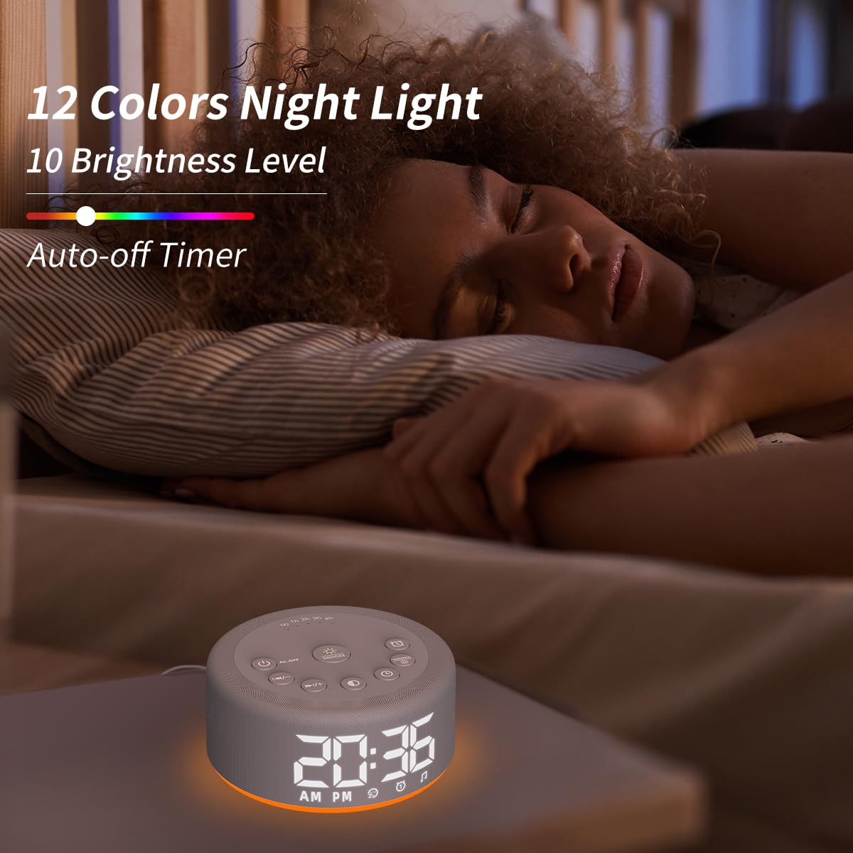 Hushing 3-in-1 White Noise Machine — 27 Sleep Sounds, 30 Wake-Up Sounds, 12-Color Night Light, Digital Clock