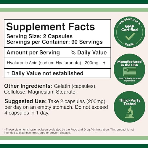 Hyaluronic Acid Supplements - 180 Capsules (200mg/Serving) | Gluten Free | Double Wood