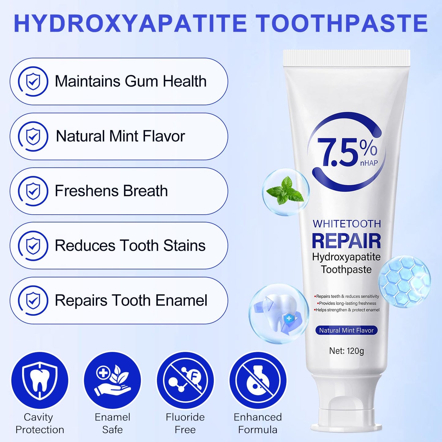 Hydroxyapatite Toothpaste 7.5% – Enamel Protection, Gentle Mint, 120g