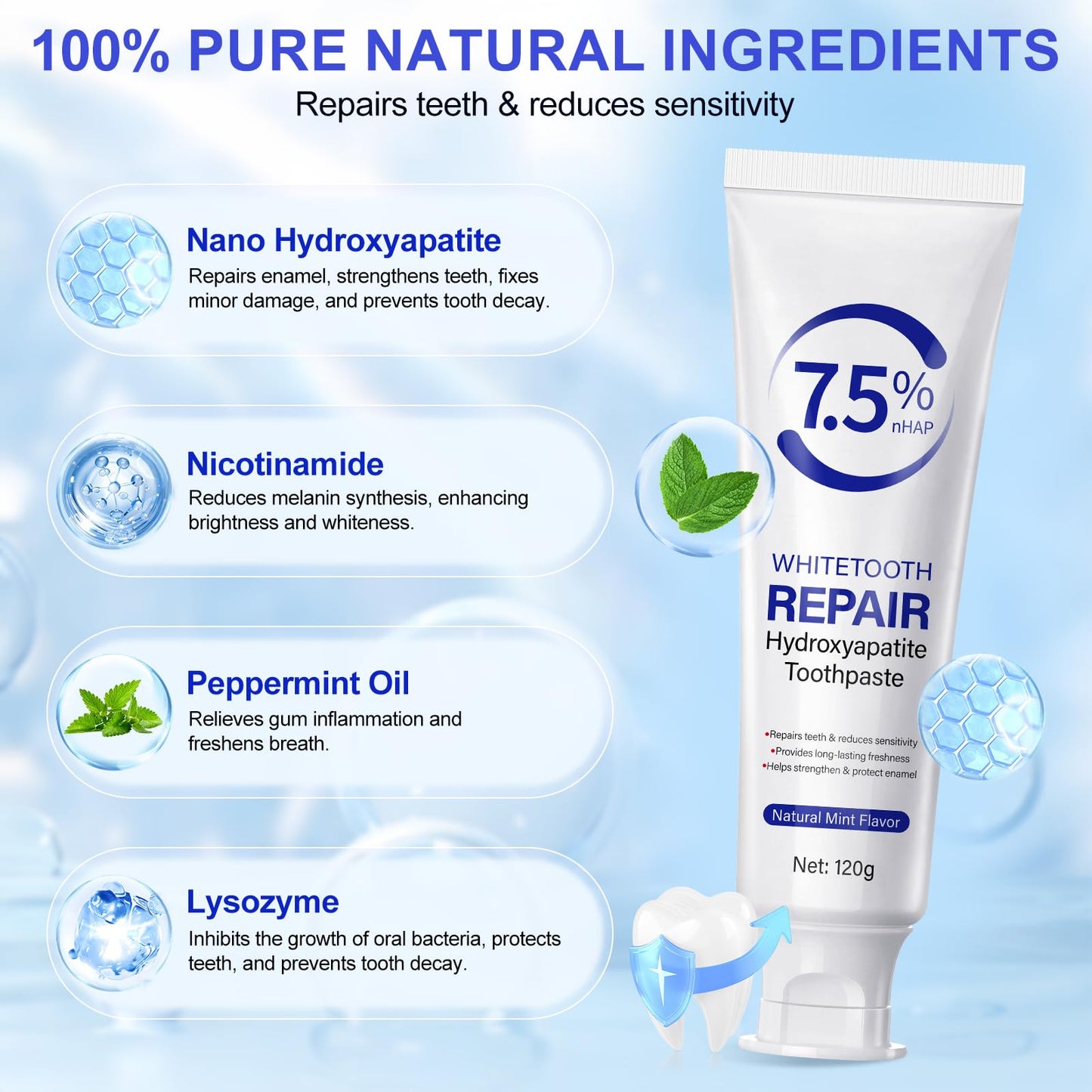 Hydroxyapatite Toothpaste 7.5% – Enamel Protection, Gentle Mint, 120g