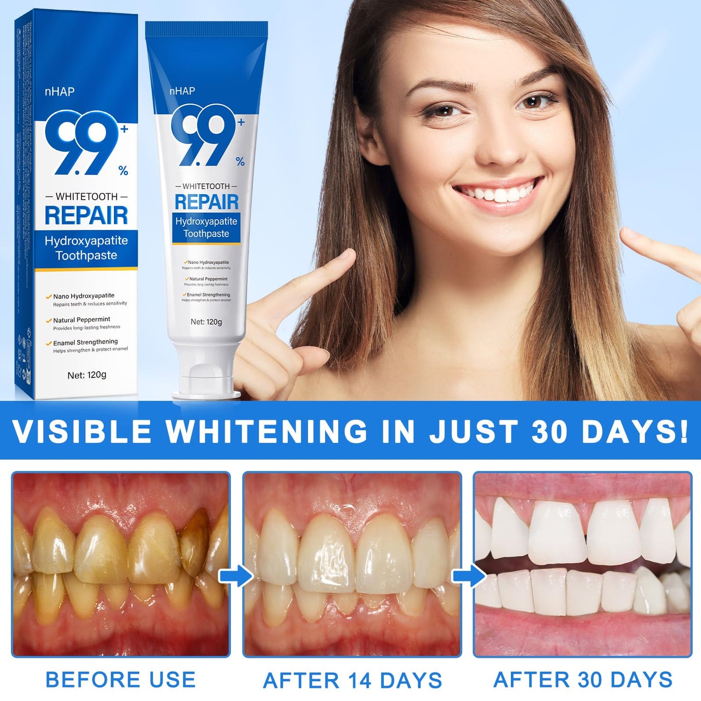 Hydroxyapatite Toothpaste 9.9% – 2PCS Nano, Fluoride Free, Enamel Protection