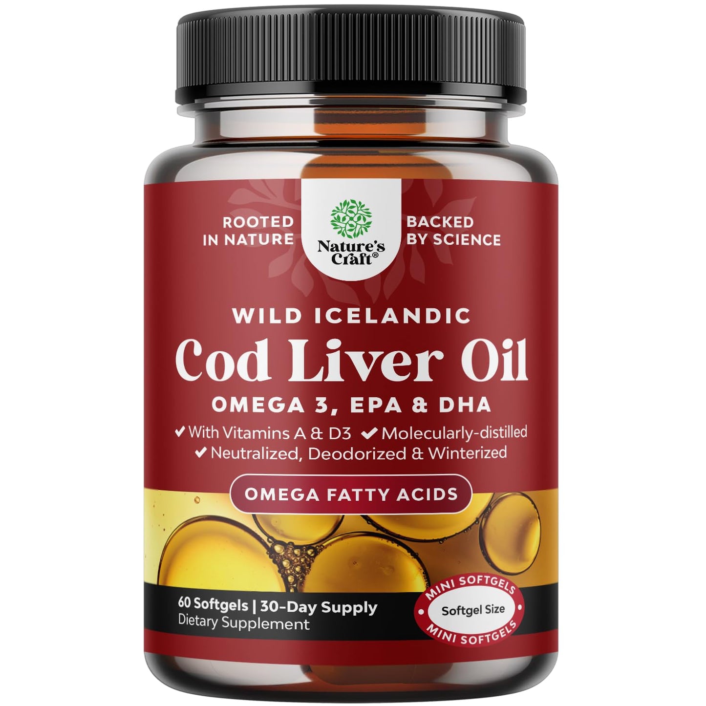 Icelandic Wild Caught Cod Liver Oil Softgels | 1000mg Omega-3 (EPA & DHA) | 60 Count