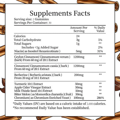 IIEltruiom Ceylon Cinnamon Gummies – 2400mg Cinnamon with Berberine, Turmeric, Apple Cider Vinegar, Bitter Melon, Chromium | 60 Counts