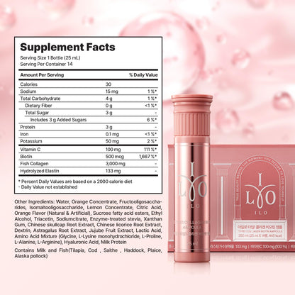 ILO Type 1 Liquid Collagen Drink – 3,000mg Marine Collagen, Biotin & Ceramide | Orange Flavor