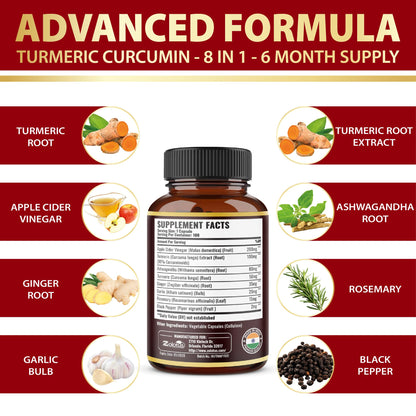 7 in 1 Turmeric Curcumin + Apple Cider Vinegar Capsules – 180 Count, 6 Month Supply