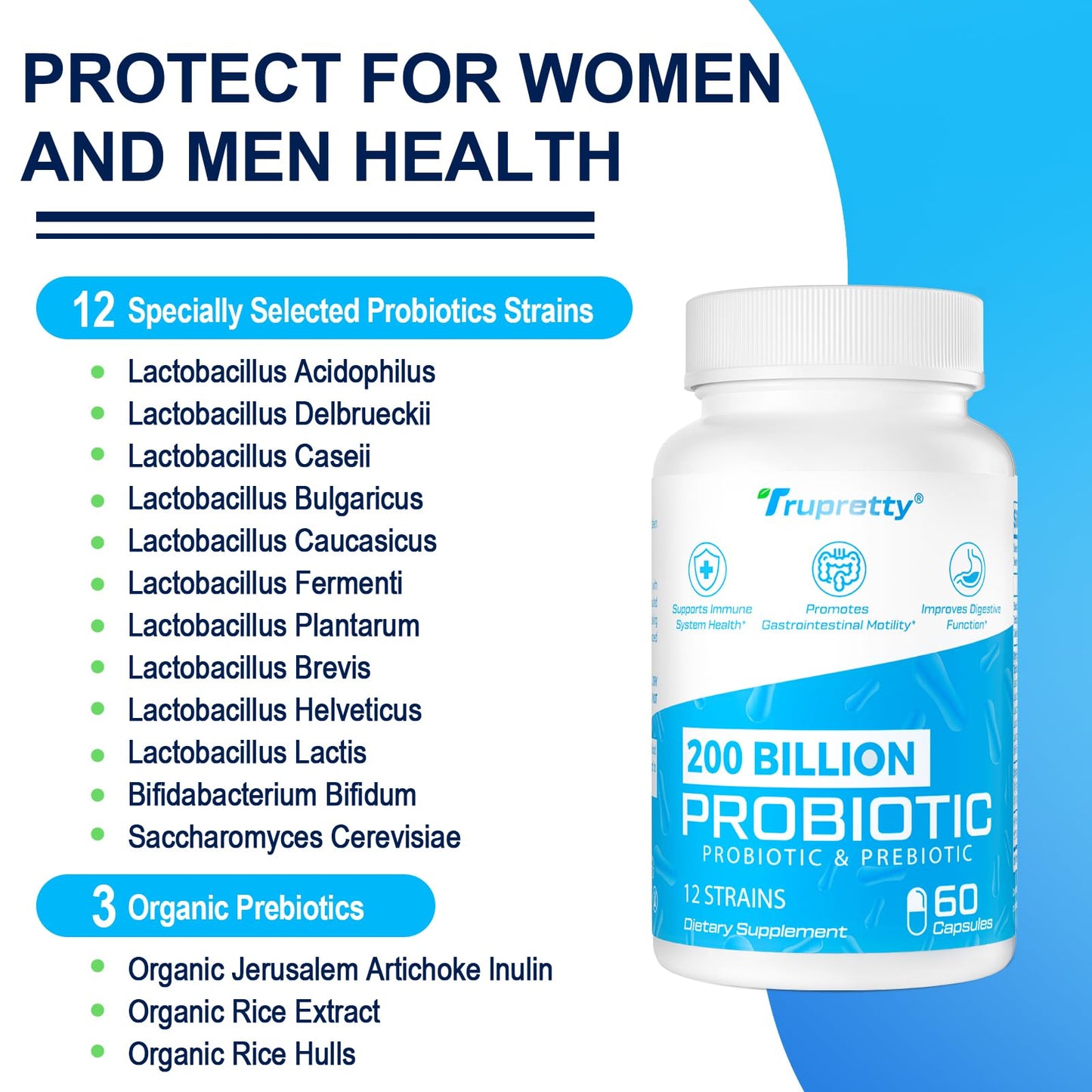200 Billion CFUs Probiotic: 12 Strains + 3 Organic Prebiotics | Women & Men, 60 Caps, Shelf-Stable, Non-GMO