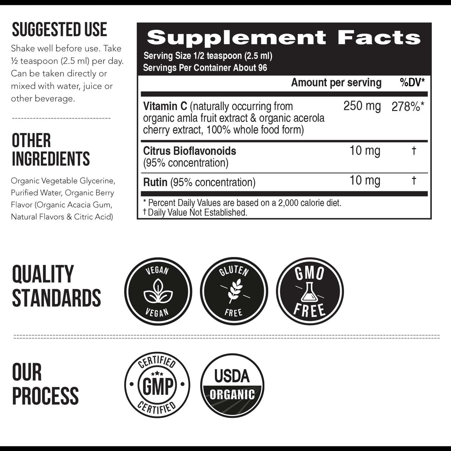 Organic Vitamin C Liquid 250 mg – Whole Food Vitamin C with Citrus Bioflavonoids & Rutin | Immune Support