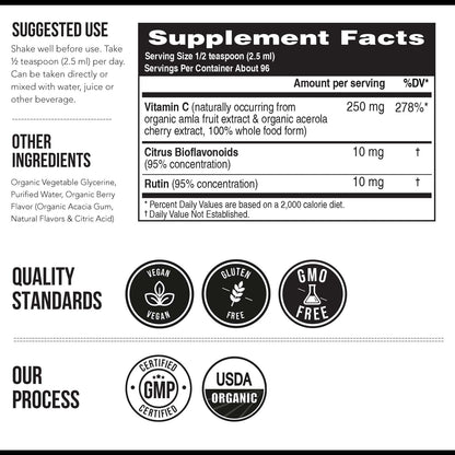 Organic Vitamin C Liquid 250 mg – Whole Food Vitamin C with Citrus Bioflavonoids & Rutin | Immune Support