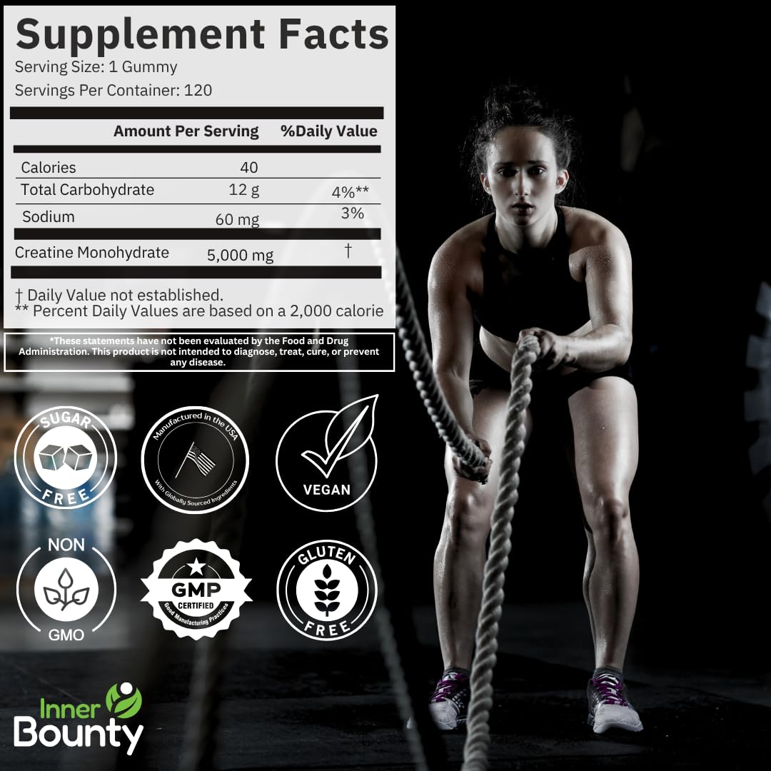 Inner Bounty Sugar Free Creatine Gummies – 120 Vegan Chews, Sour Green Apple
