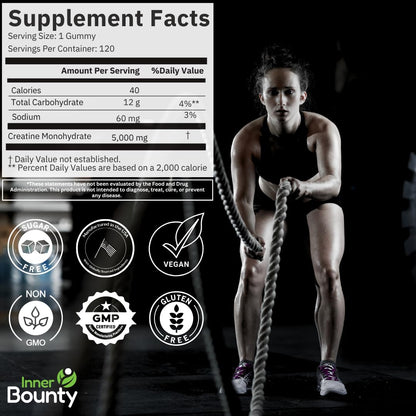 Inner Bounty Sugar Free Creatine Gummies – 120 Vegan Chews, Sour Green Apple