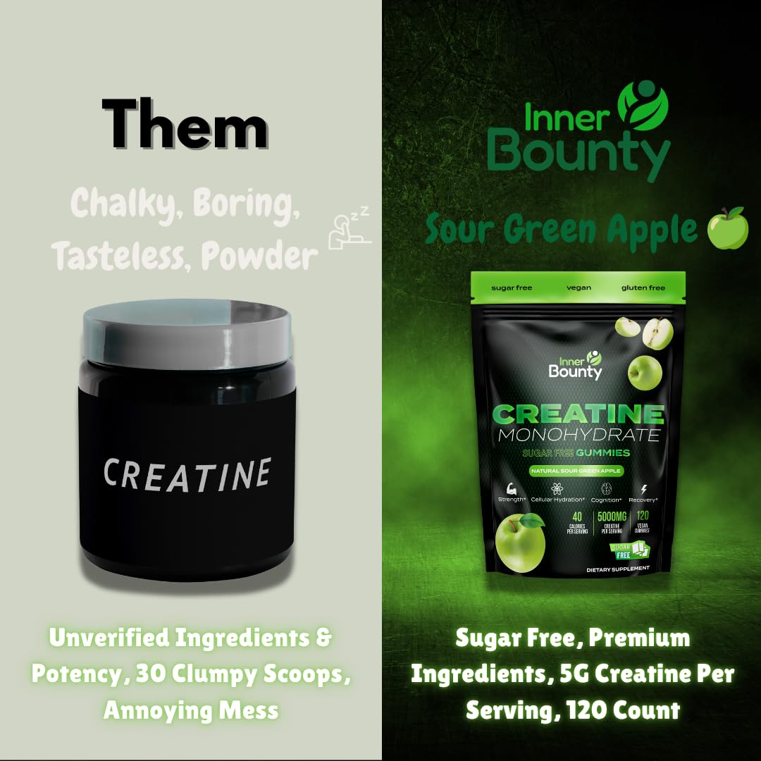 Inner Bounty Sugar Free Creatine Gummies – 120 Vegan Chews, Sour Green Apple