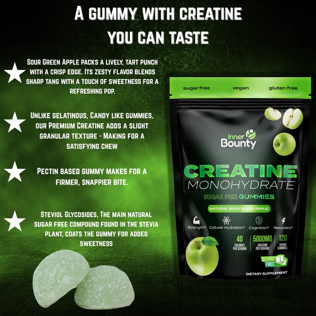 Inner Bounty Sugar Free Creatine Gummies – 120 Vegan Chews, Sour Green Apple