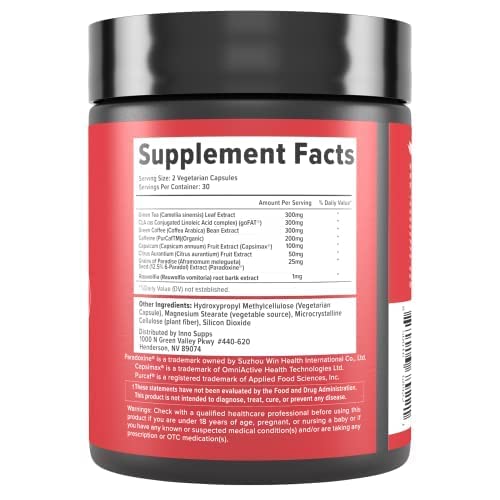 Inno Shred Fat Burner for Men & Women – Capsimax 100mg, Grains of Paradise, Organic Caffeine | 60 Veggie Capsules (Stimulant)