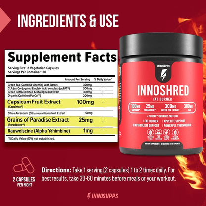 Inno Shred Fat Burner for Men & Women – Capsimax 100mg, Grains of Paradise, Organic Caffeine | 60 Veggie Capsules (Stimulant)