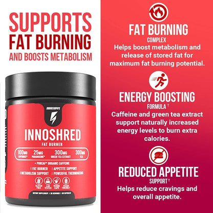Inno Shred Fat Burner for Men & Women – Capsimax 100mg, Grains of Paradise, Organic Caffeine | 60 Veggie Capsules (Stimulant)